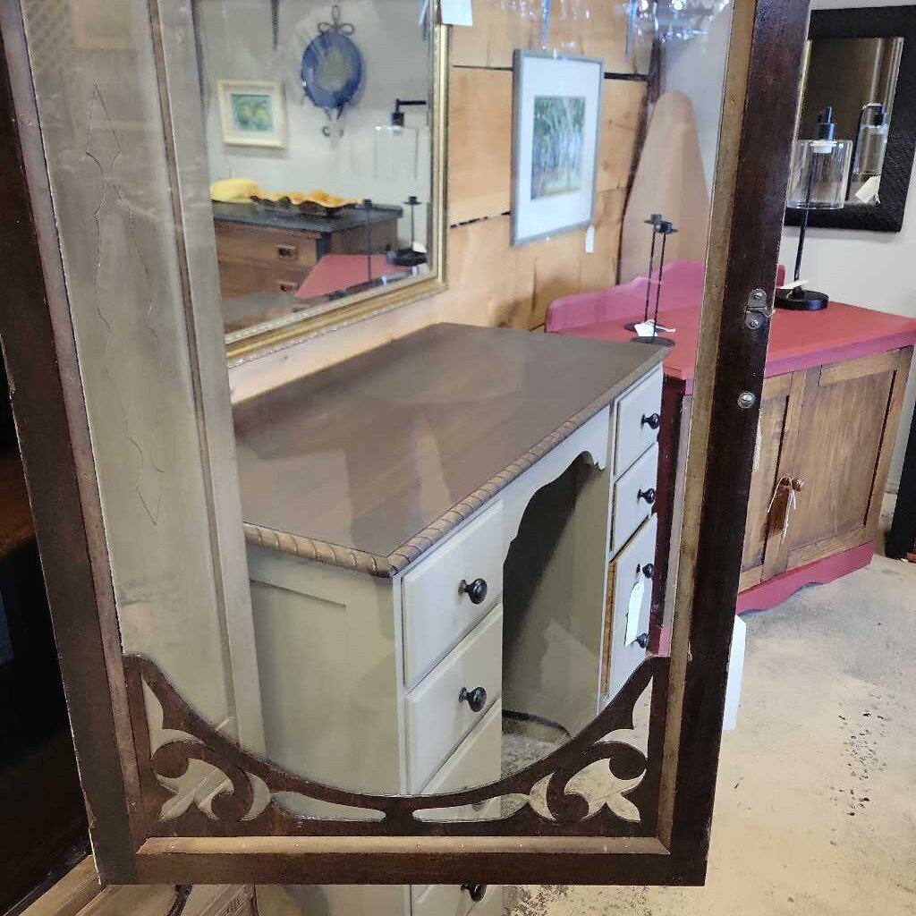 HB 1 Vintage China Cabinet. Peel and stick blue backing, new hardware on drawer, original door hardware