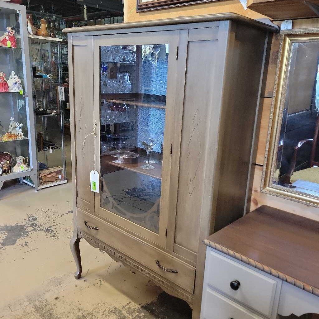 HB 1 Vintage China Cabinet. Peel and stick blue backing, new hardware on drawer, original door hardware