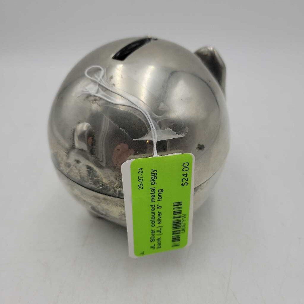 Silver coloured metal piggy bank (JL)