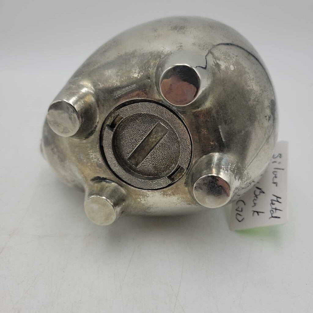 Silver coloured metal piggy bank (JL)