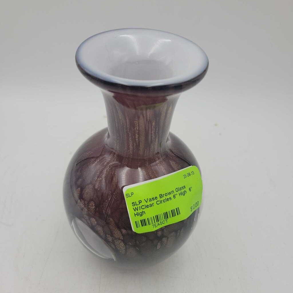 Vase Brown Glass W/Clear Circles 6" High (SLP)