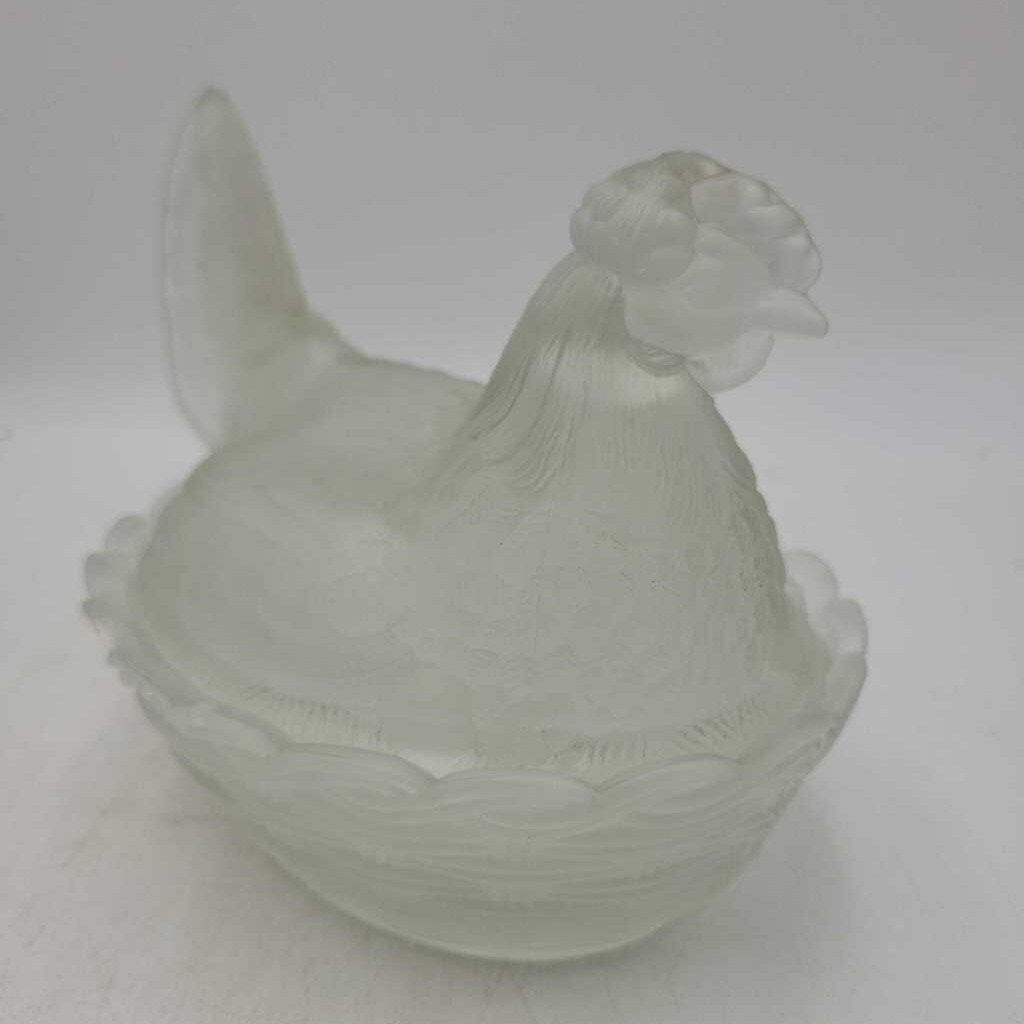 Frosted Clear Glass Hen on a Weaved Basket Nest