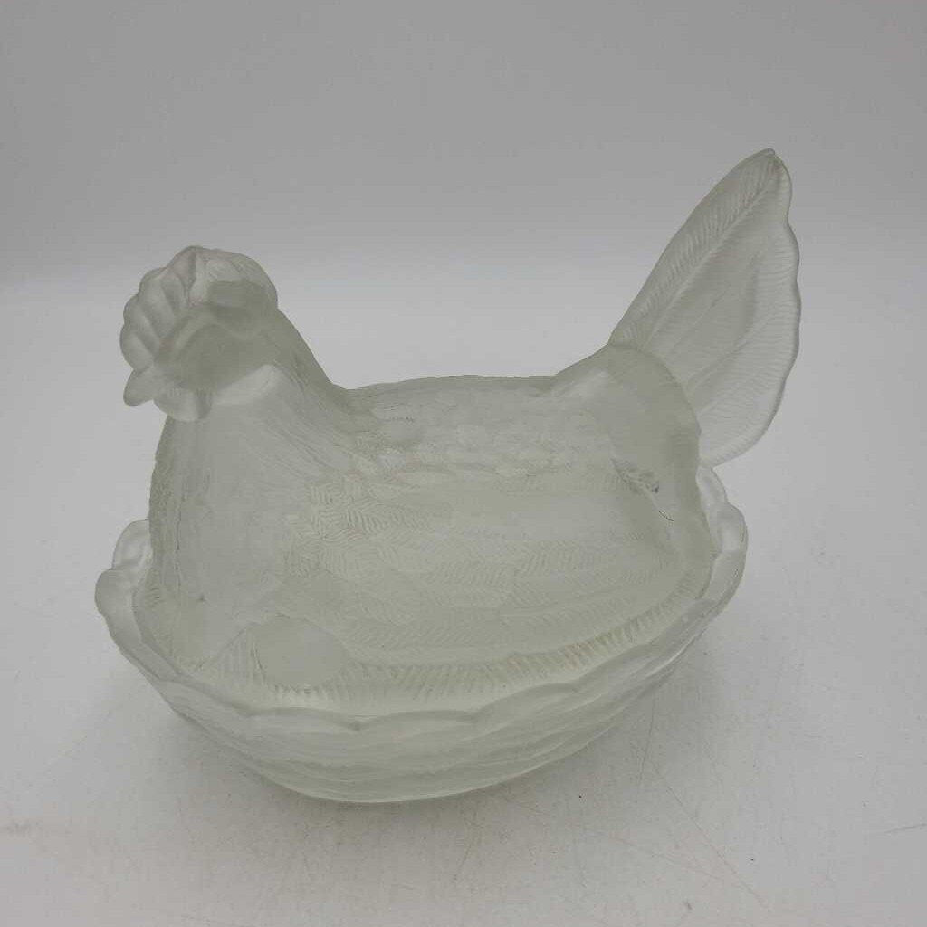 Frosted Clear Glass Hen on a Weaved Basket Nest