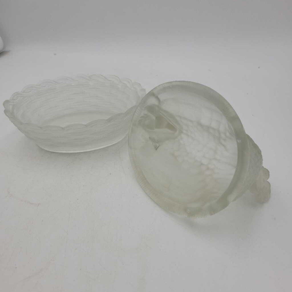 Frosted Clear Glass Hen on a Weaved Basket Nest