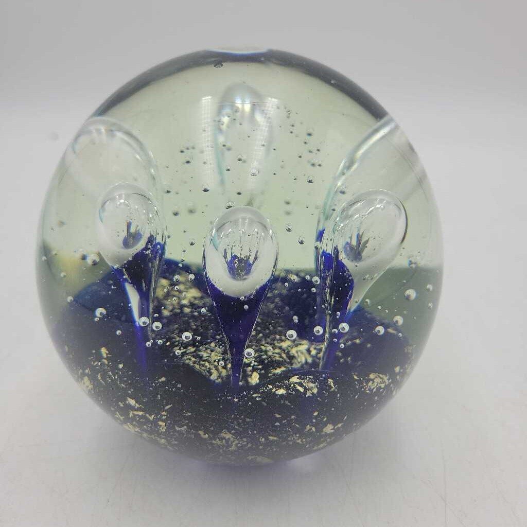 Large Glass Paperweight, Rising Bubbles, Blue Base with Gold Flecks (TWS)