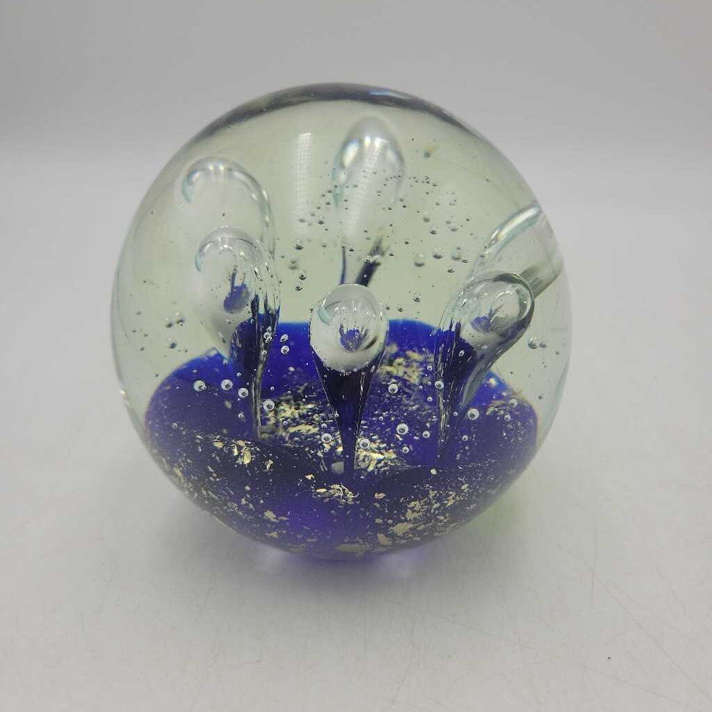 Large Glass Paperweight, Rising Bubbles, Blue Base with Gold Flecks (TWS)