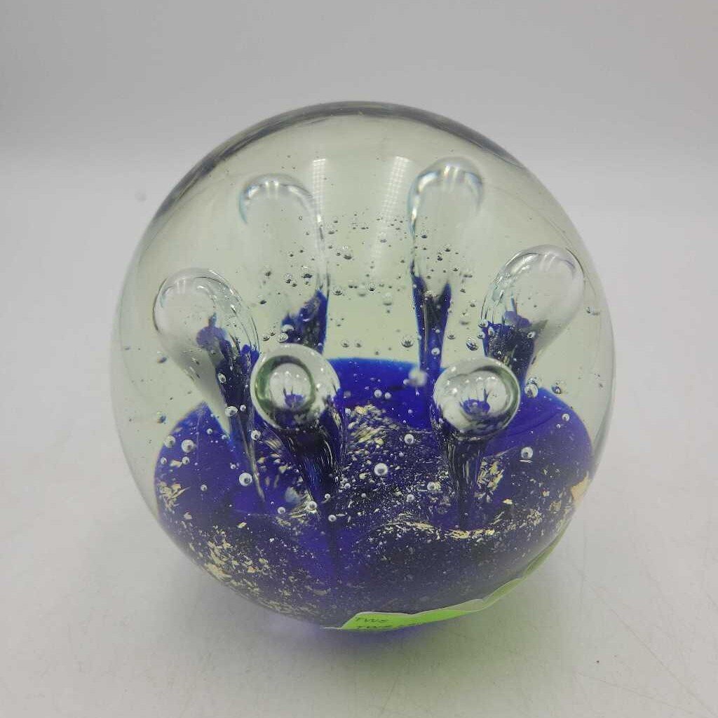 Large Glass Paperweight, Rising Bubbles, Blue Base with Gold Flecks (TWS)