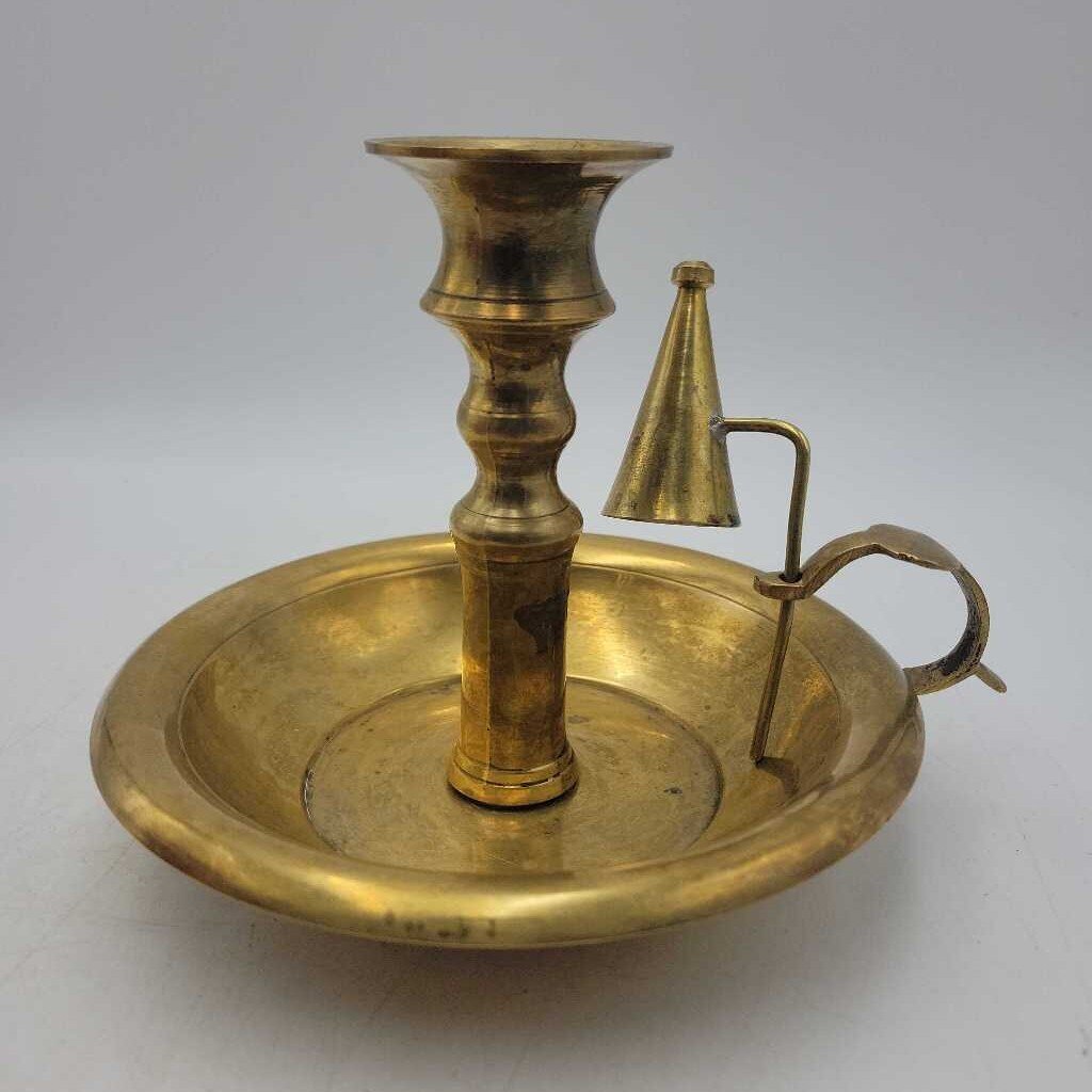 Antique Brass Chamberstick Candleholder with Finger Handle and Attached Candle Snuffer