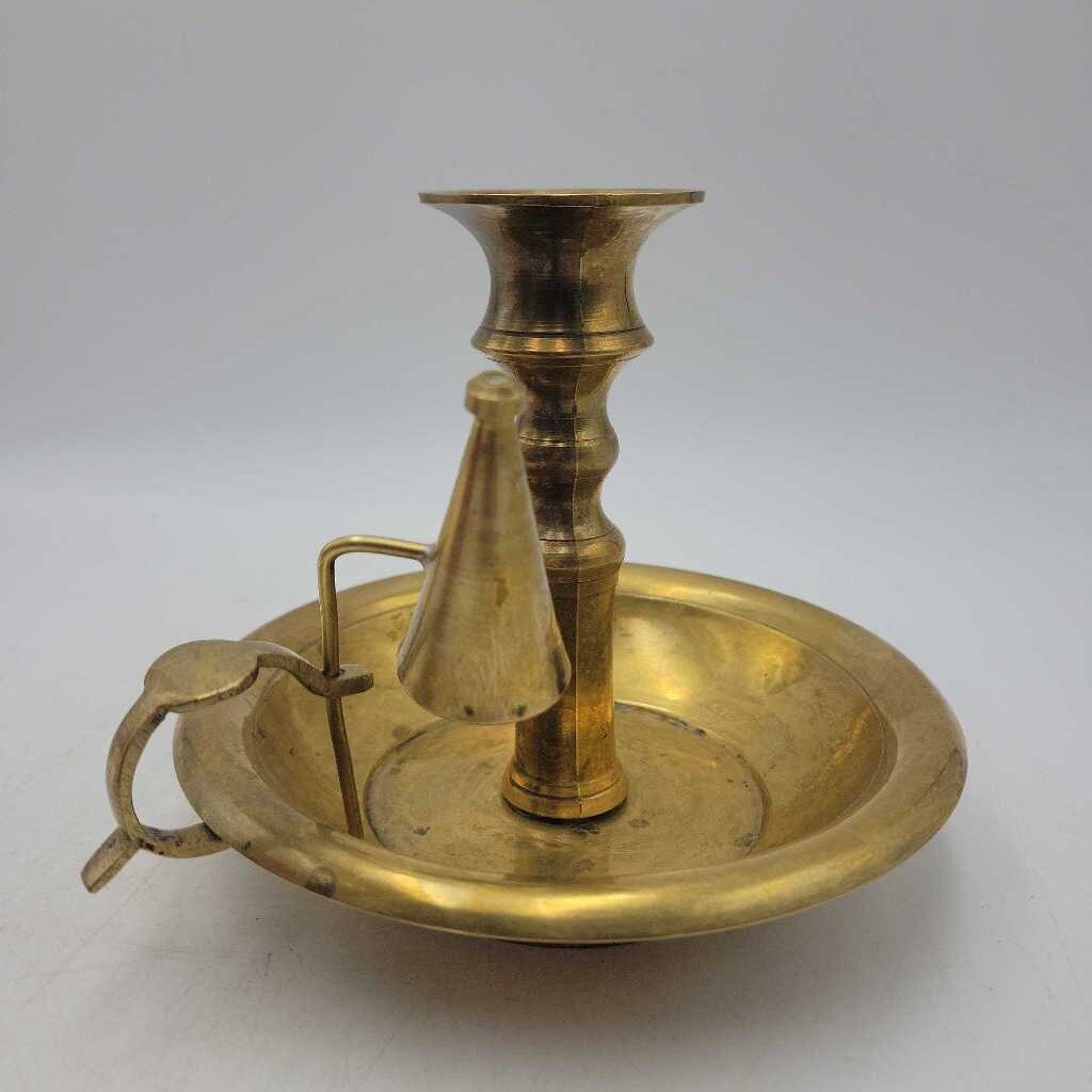 Antique Brass Chamberstick Candleholder with Finger Handle and Attached Candle Snuffer