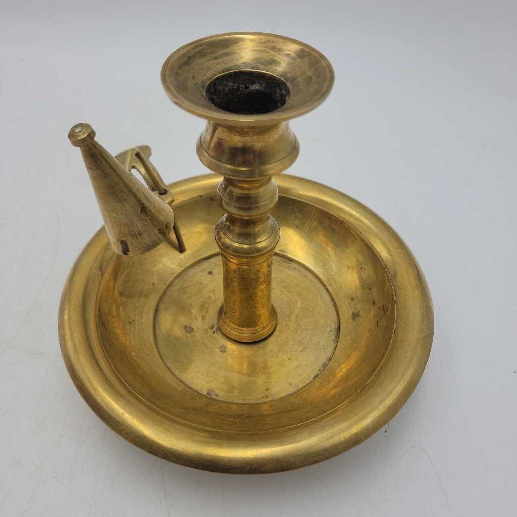 Antique Brass Chamberstick Candleholder with Finger Handle and Attached Candle Snuffer