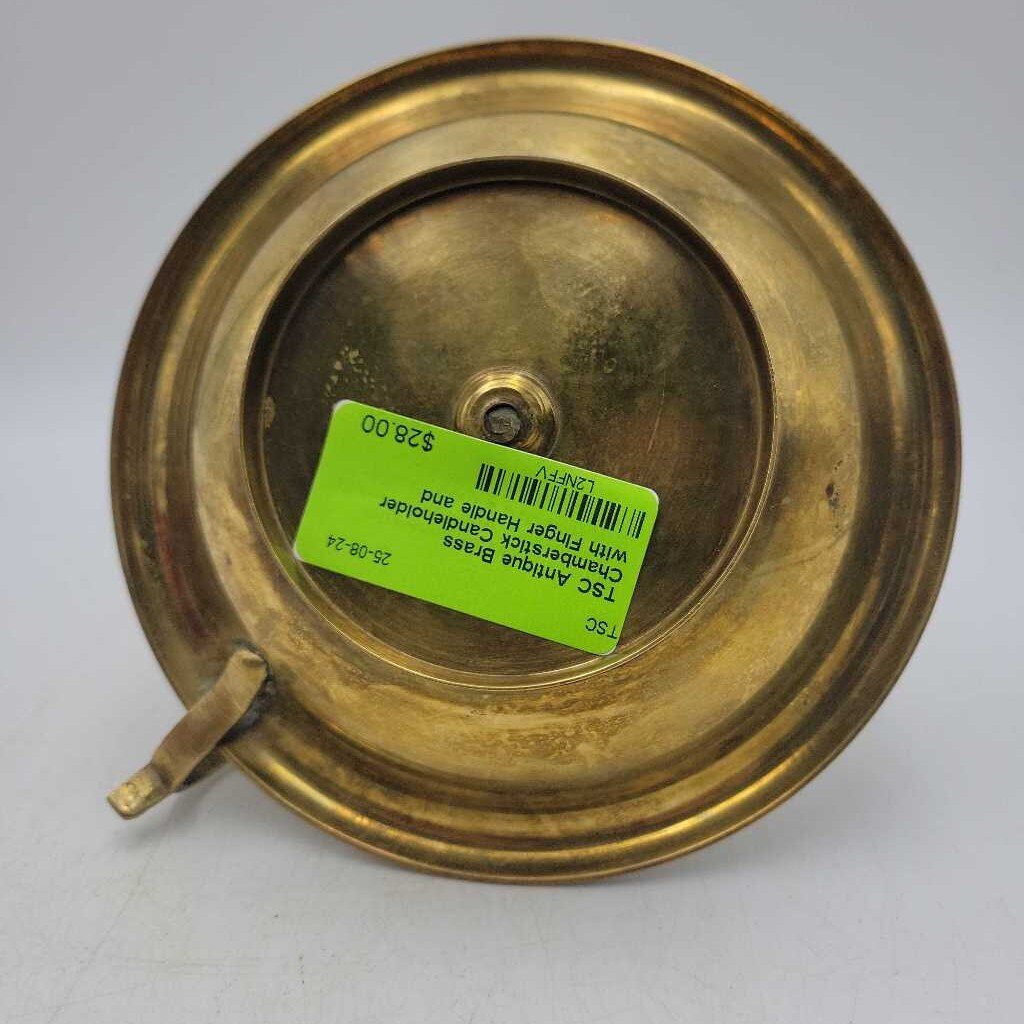 Antique Brass Chamberstick Candleholder with Finger Handle and Attached Candle Snuffer