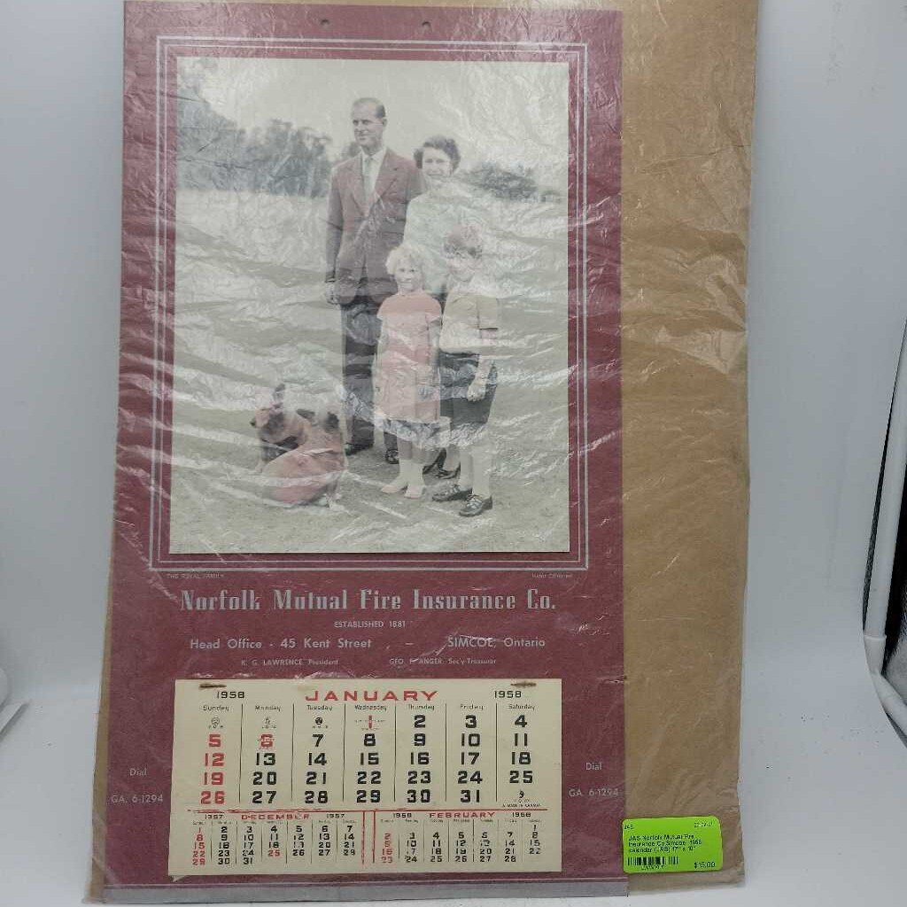 Norfolk Mutual Fire Insurance Co.Simcoe 1958 calendar (JAS)