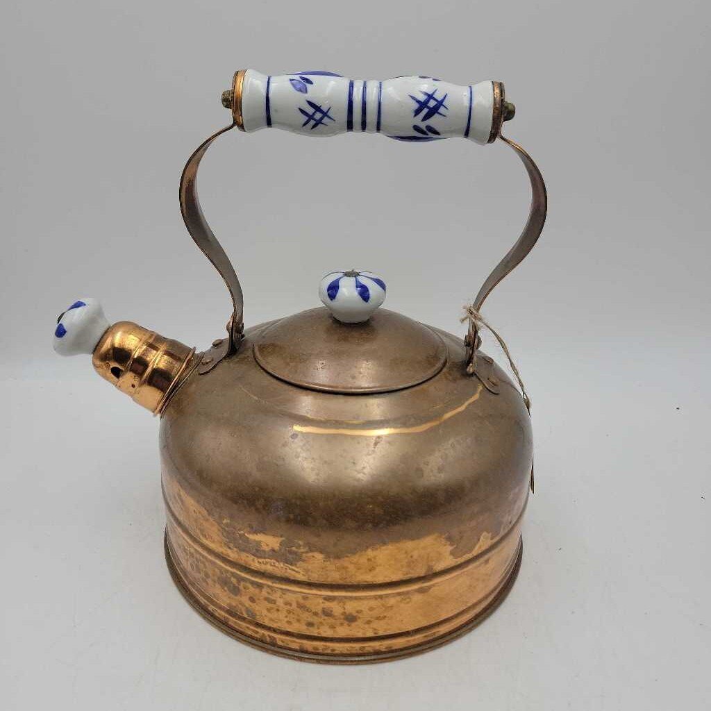 Vintage 7" Round Copper Kettle w/ Blue & White Ceramic Accents (SAL)