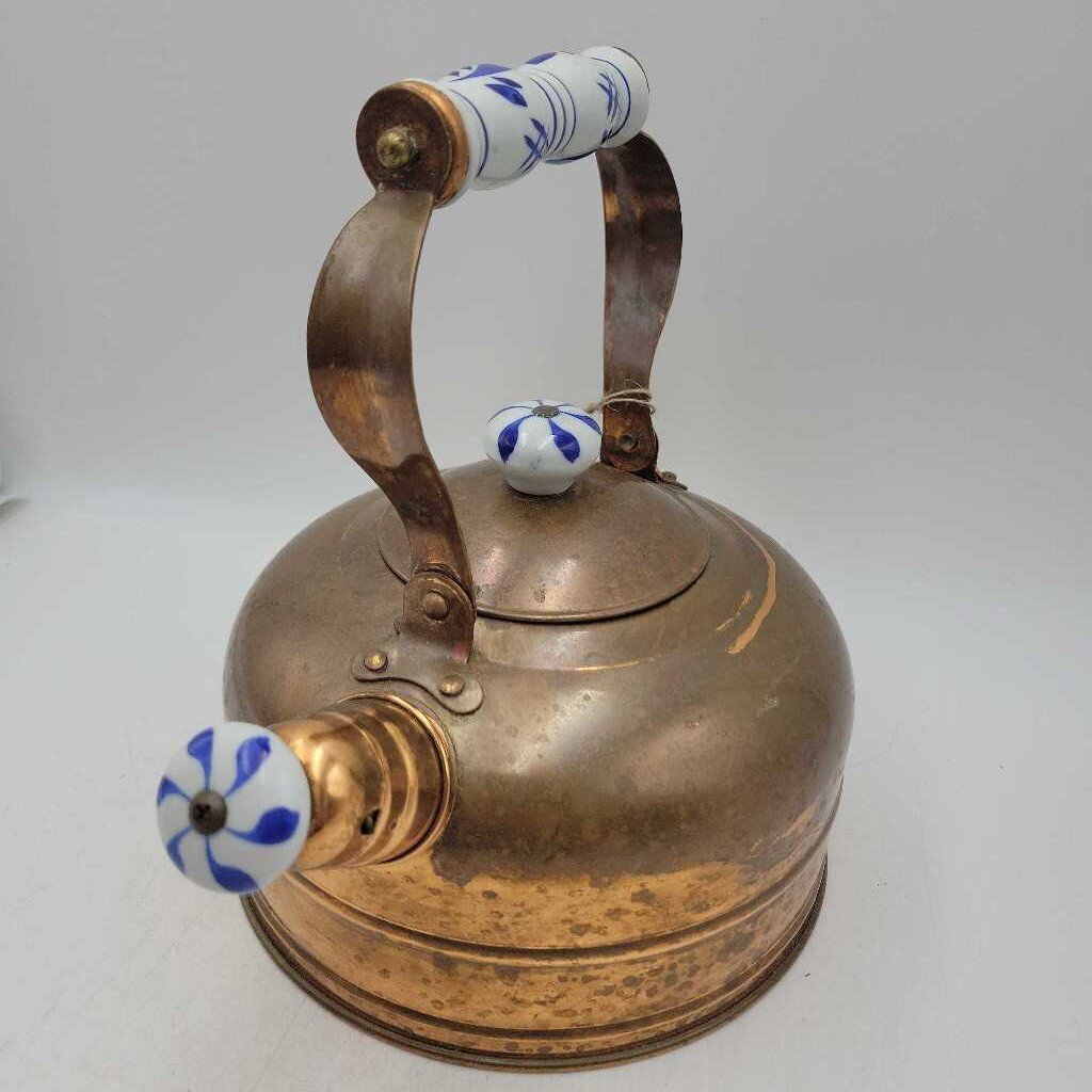 Vintage 7" Round Copper Kettle w/ Blue & White Ceramic Accents (SAL)