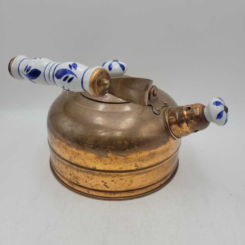 Vintage 7" Round Copper Kettle w/ Blue & White Ceramic Accents (SAL)