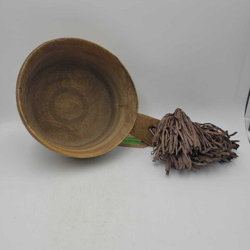 Wood Bowl with Leather Tassels