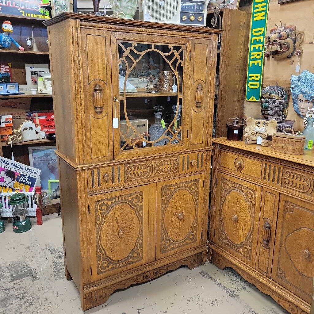 2 Piece Oak China Cabinet and Serve Buffet (BS) 1920's