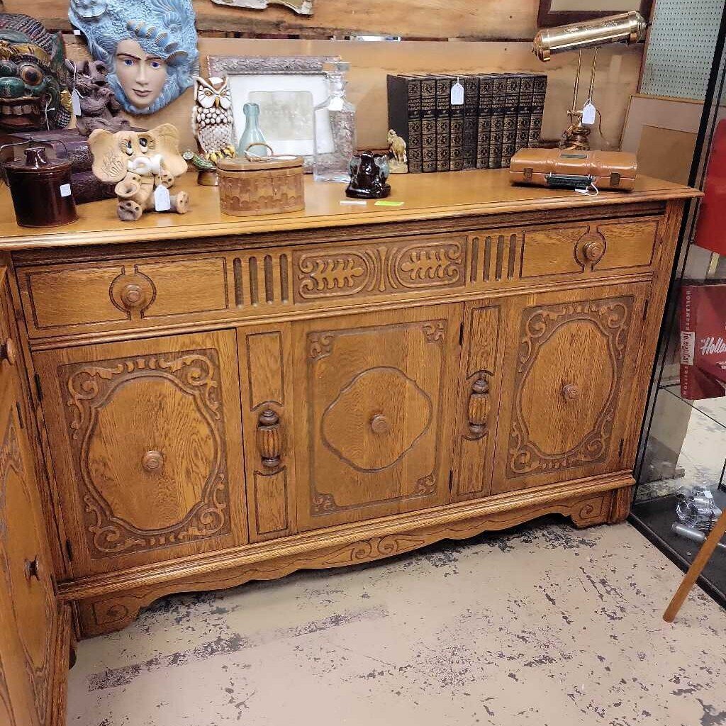 2 Piece Oak China Cabinet and Serve Buffet (BS) 1920's