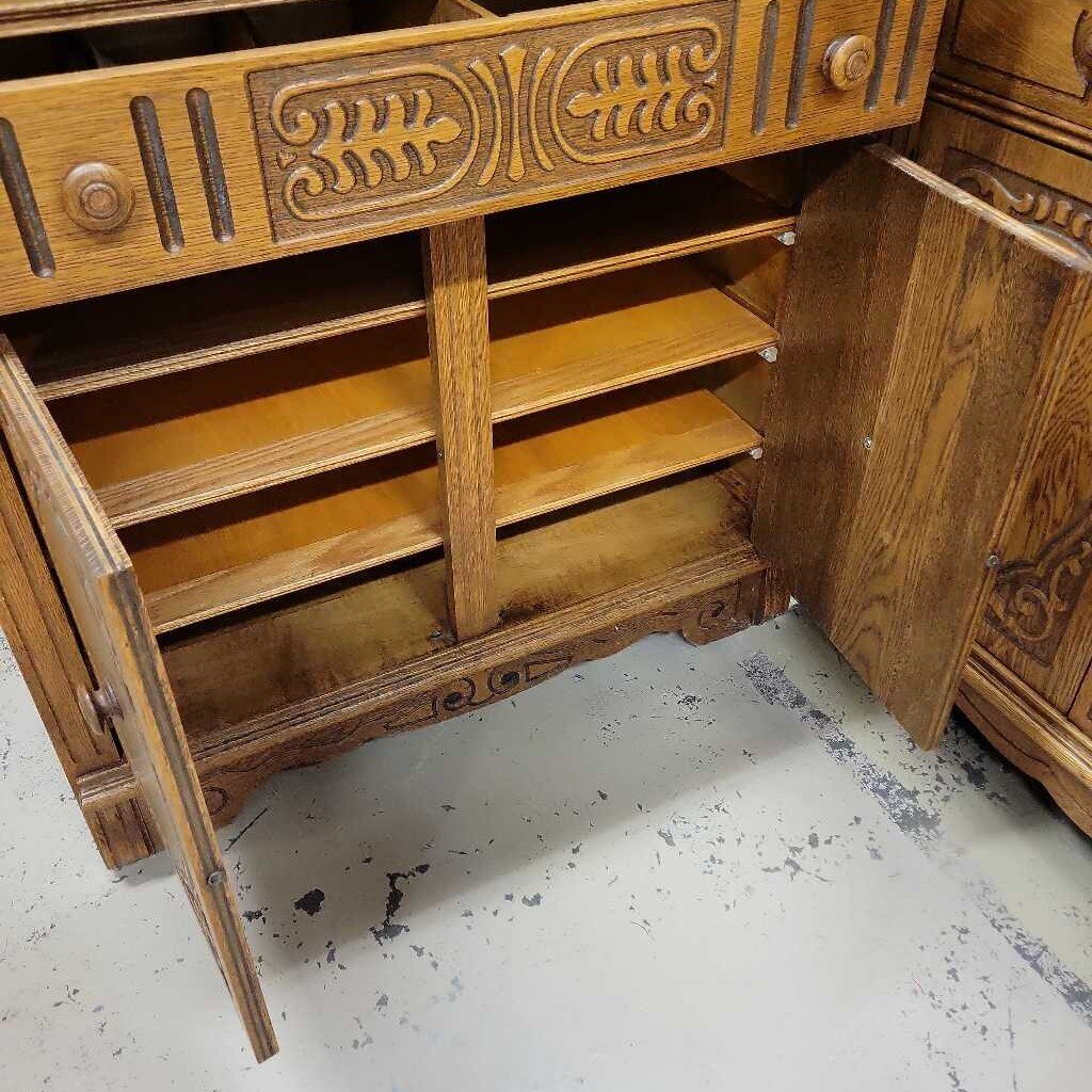 2 Piece Oak China Cabinet and Serve Buffet (BS) 1920's