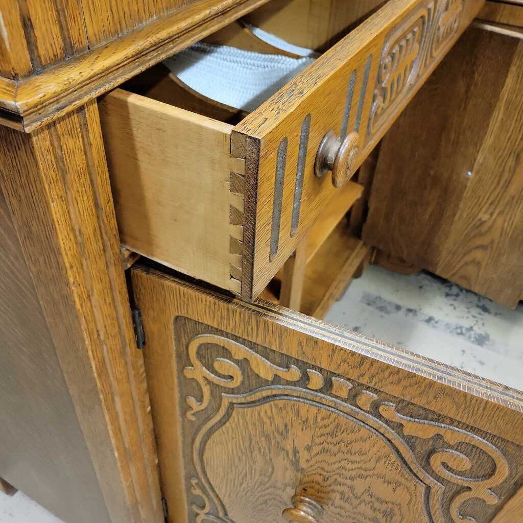 2 Piece Oak China Cabinet and Serve Buffet (BS) 1920's