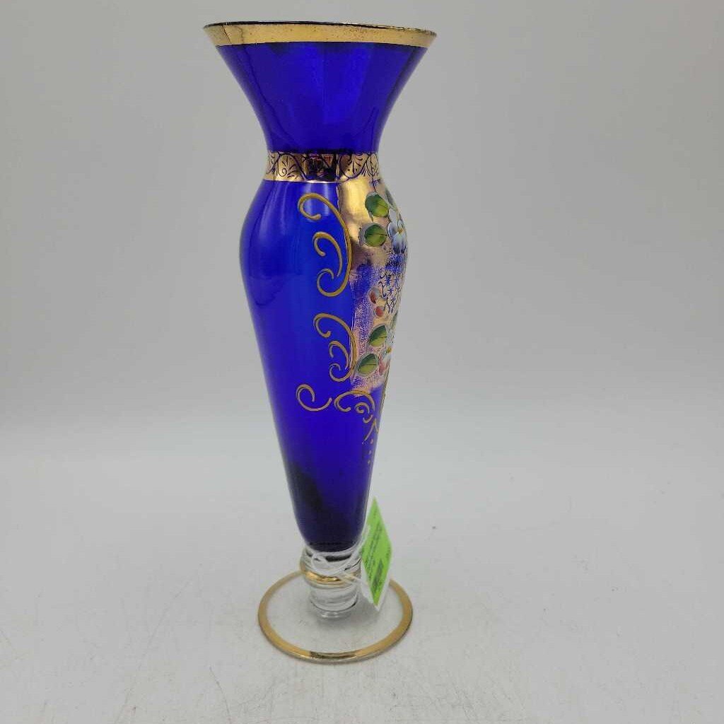 Art Glass hand painted Cobalt Bud Vase (DMG) 0662
