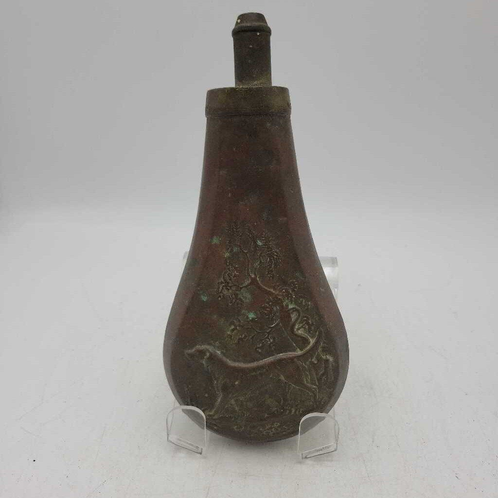 Antique Gun Powder Flask....brass and copper Dog Motif (US2)