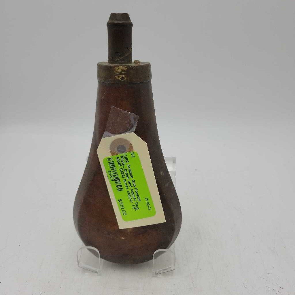Antique Gun Powder Flask....brass and copper Dog Motif (US2)
