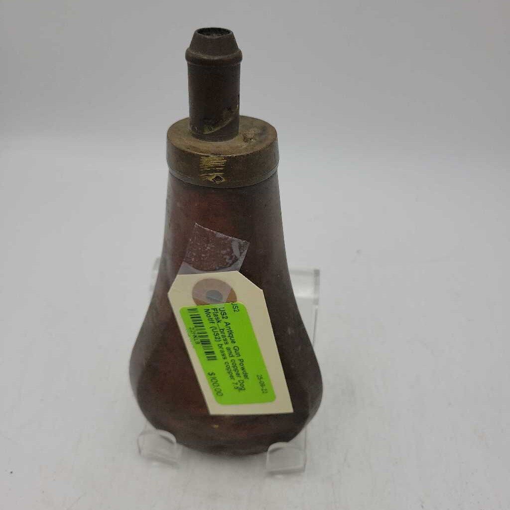Antique Gun Powder Flask....brass and copper Dog Motif (US2)