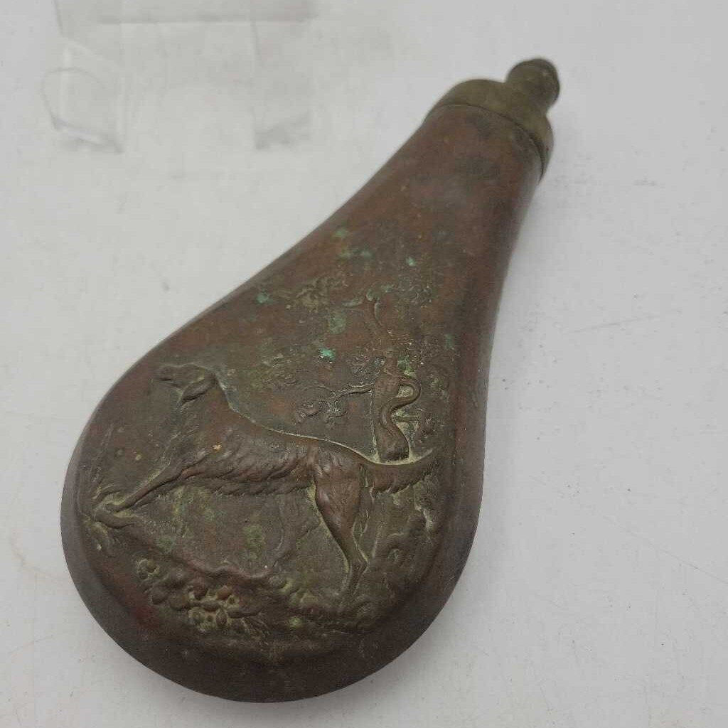 Antique Gun Powder Flask....brass and copper Dog Motif (US2)
