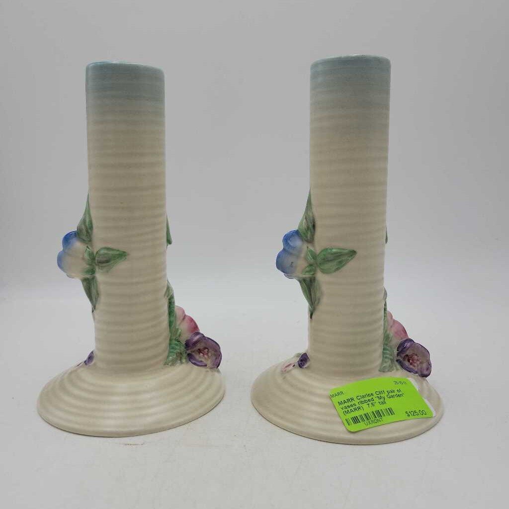 Clarice Cliff pair of vases ribbed "My Garden" (MARR)