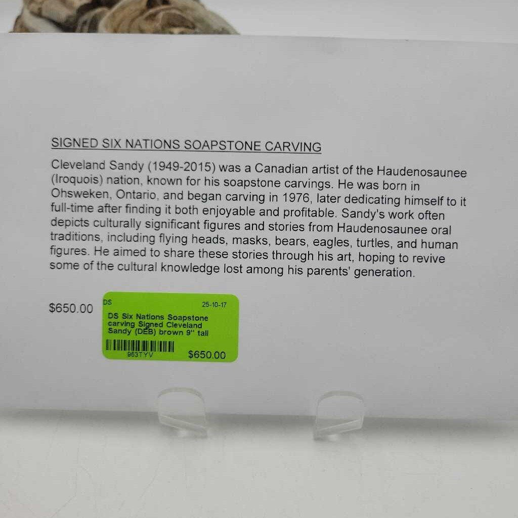 Six Nations Soapstone carving Signed Cleveland Sandy (DS)