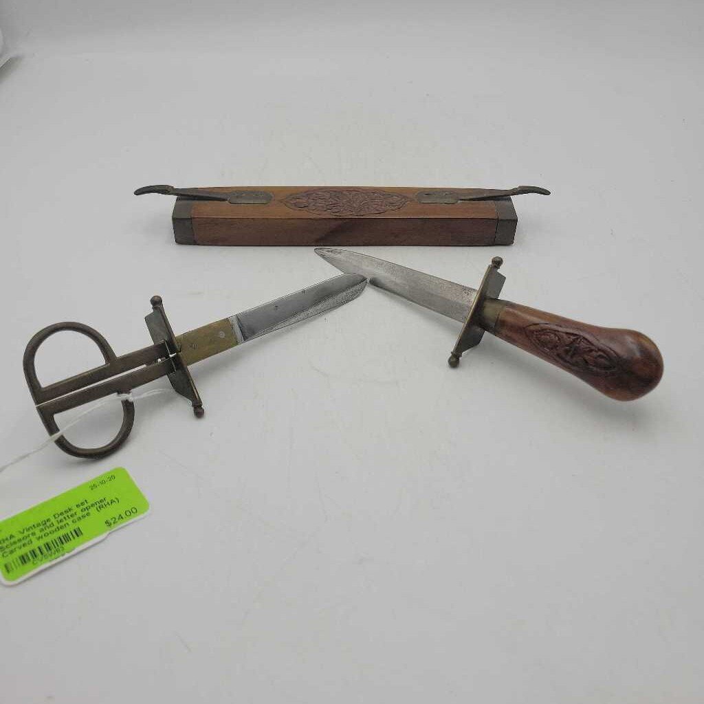 Vintage Desk set Scissors and letter opener Carved wooden case (RHA)