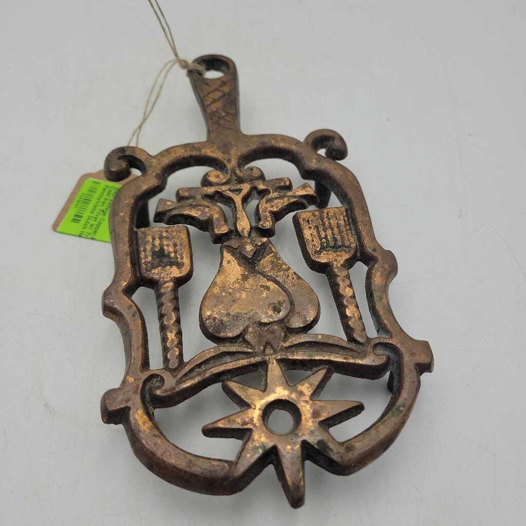 Vintage Copper-Painted Cast Iron Trivet w/ Traditional Pennsylvania Dutch Hex Symbols