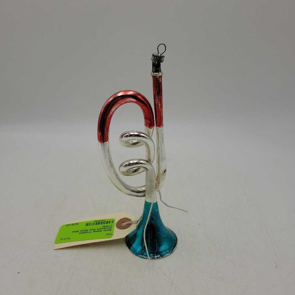 Early Glass Trumpet Ornament Red Silver Blue (TWS)