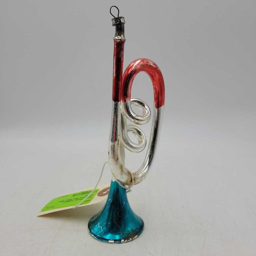 Early Glass Trumpet Ornament Red Silver Blue (TWS)