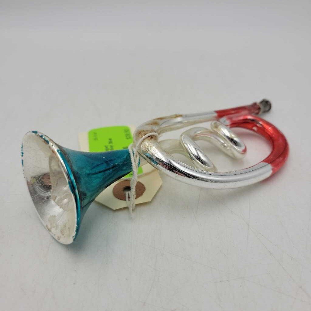 Early Glass Trumpet Ornament Red Silver Blue (TWS)