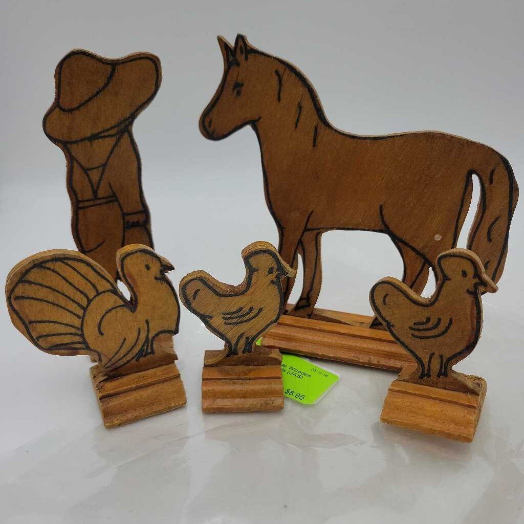 5 Hand made Wooden farmer and animals (JAS)