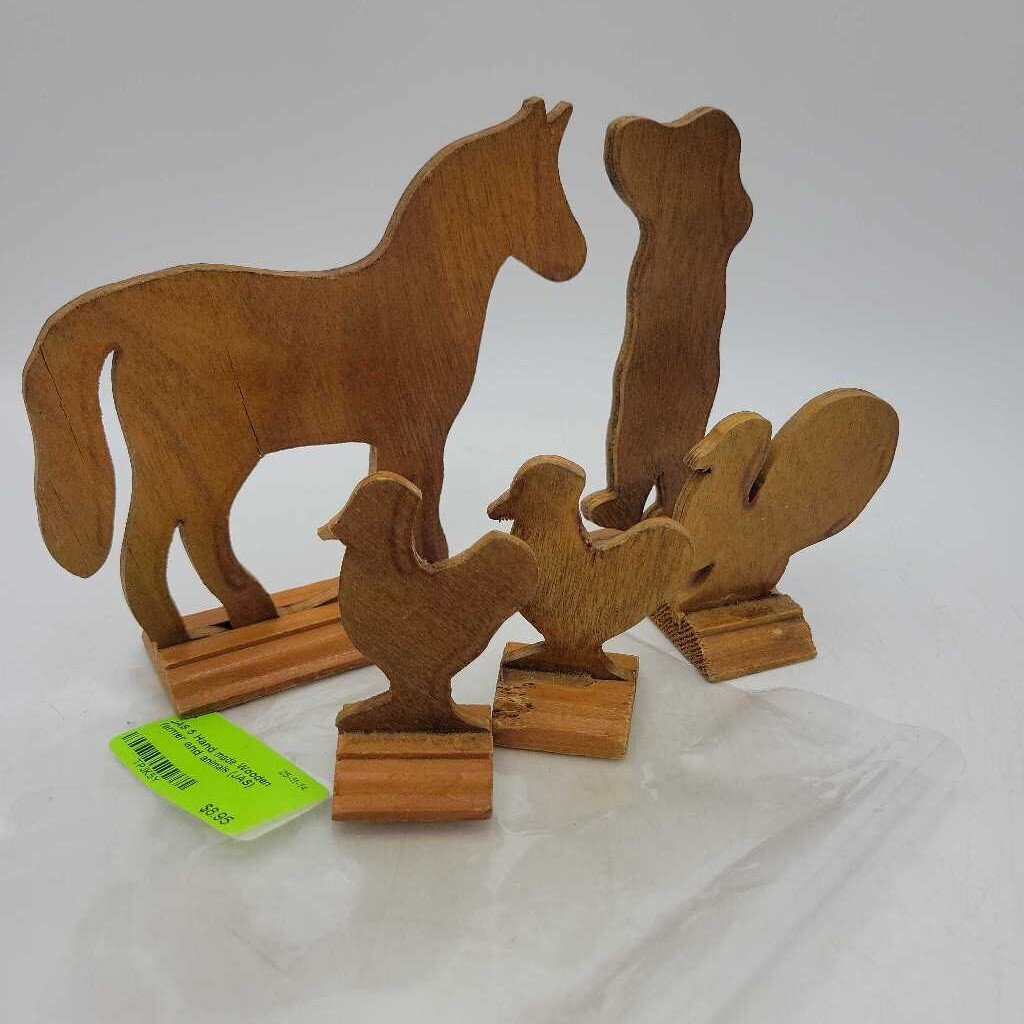 5 Hand made Wooden farmer and animals (JAS)