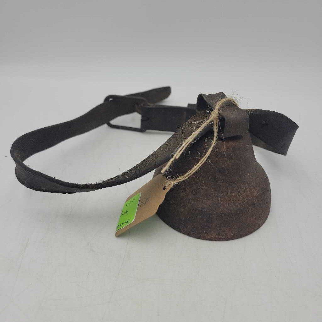 3"H x 3.25" Round Antique Metal Bell with Ling Leather Strap (SAL)