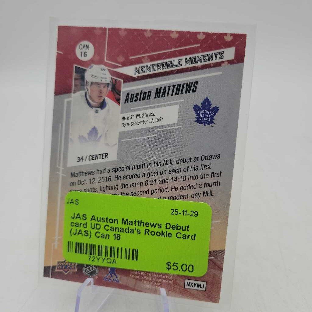 Auston Matthews Debut card UD Canada's Rookie Card (JAS) Can 16