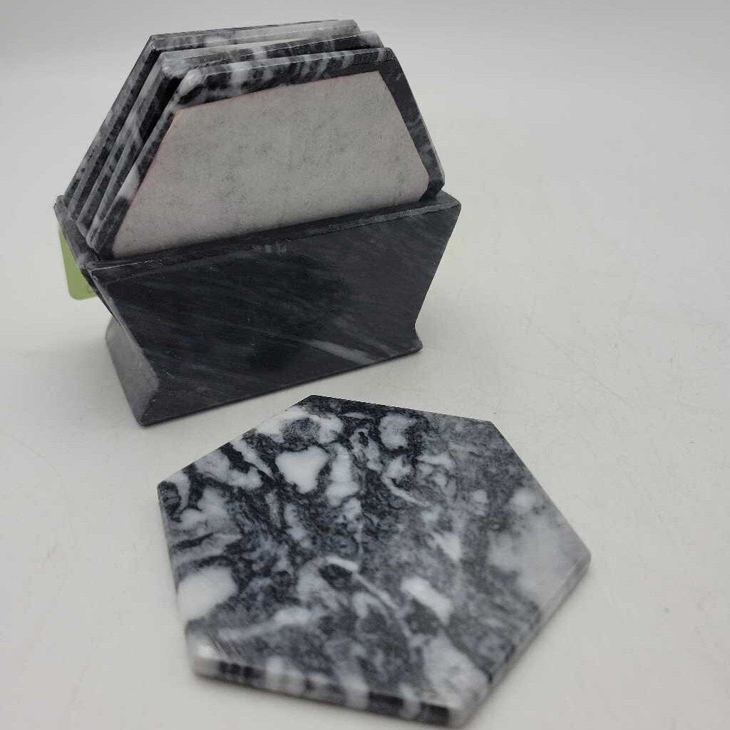 Marble coaster set 6 and holder (NAT)