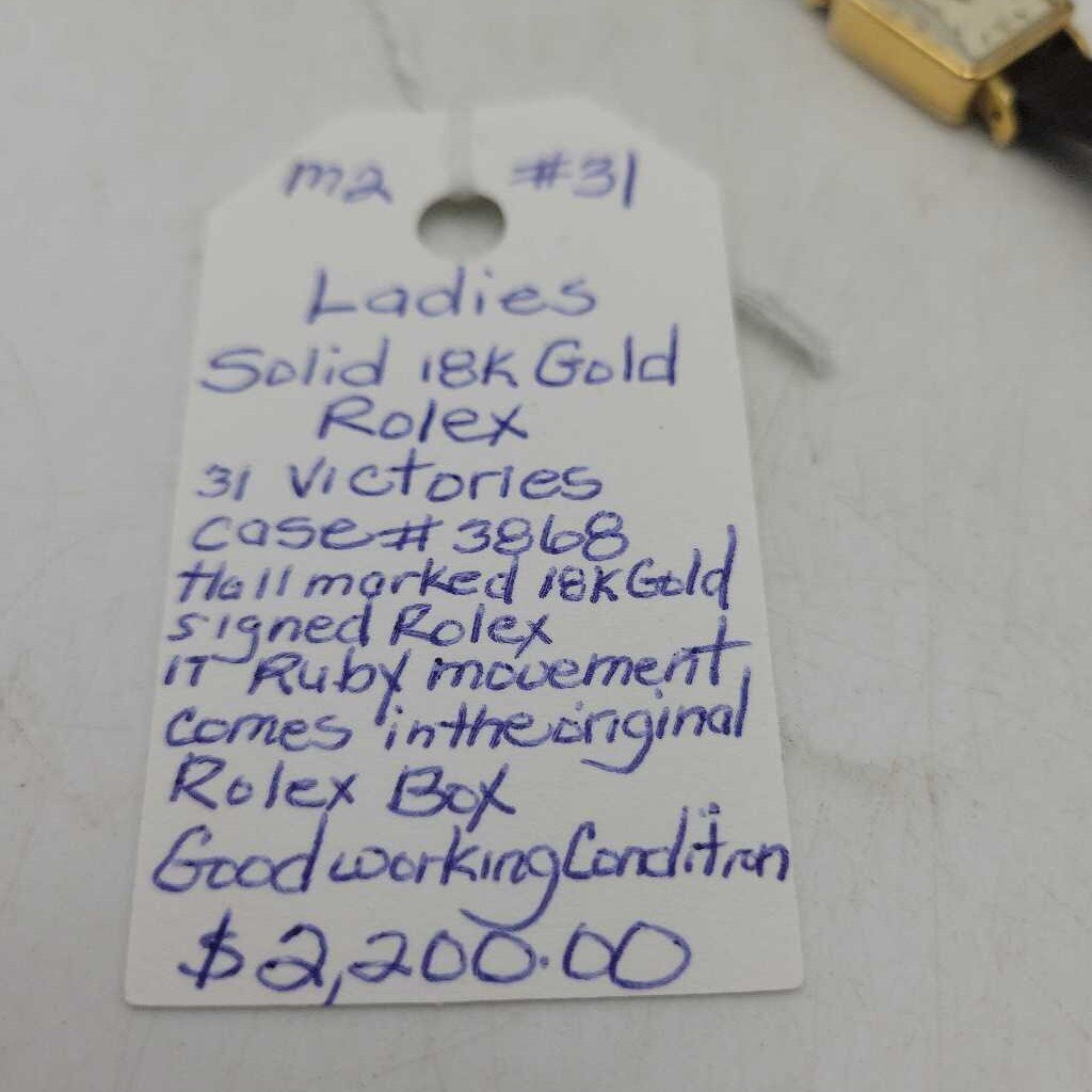 Ladies Solid Gold 18kt. Rolex 31 Victories case model 3568 Watch with case (M2) 31