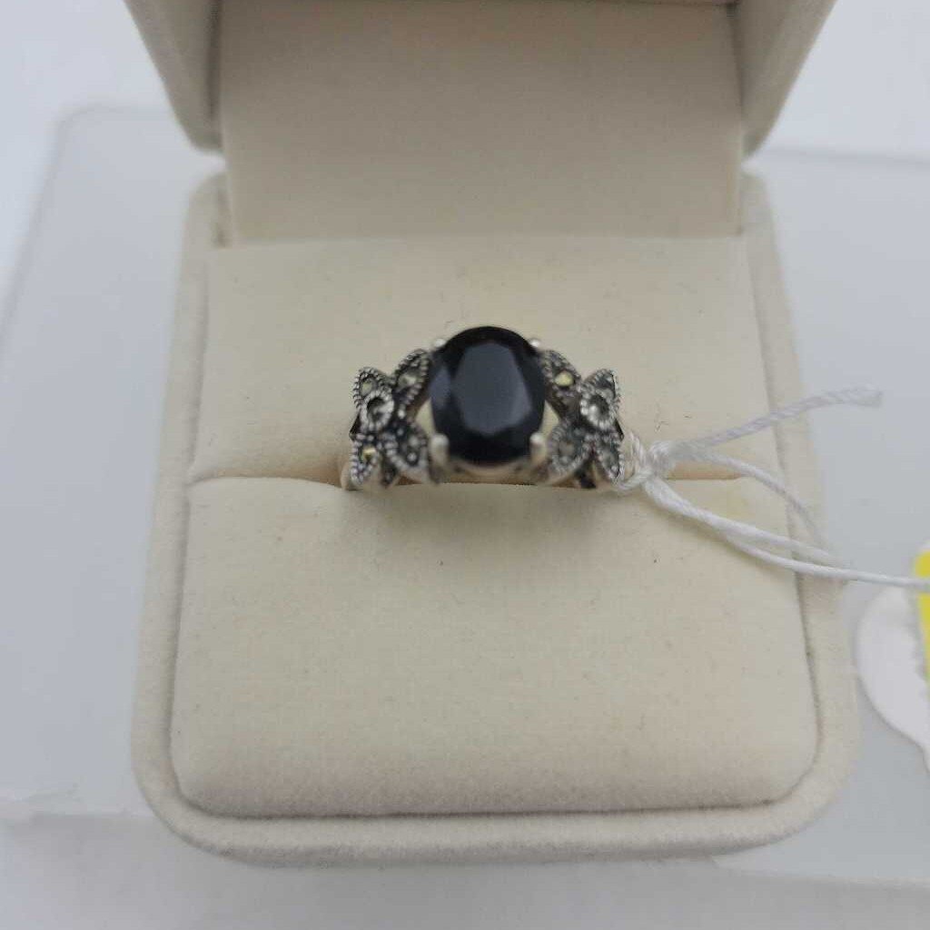 Sterling Marcasite & Onyx Ring - 13659 (VT)