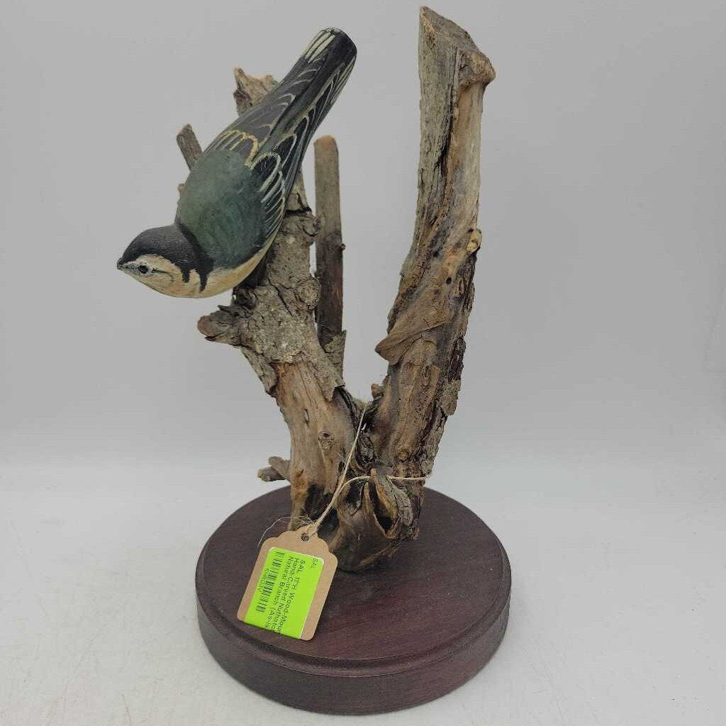 11"H Wood-Mounted Hand-Carved Nuthatch on Natural Branch (As-is)