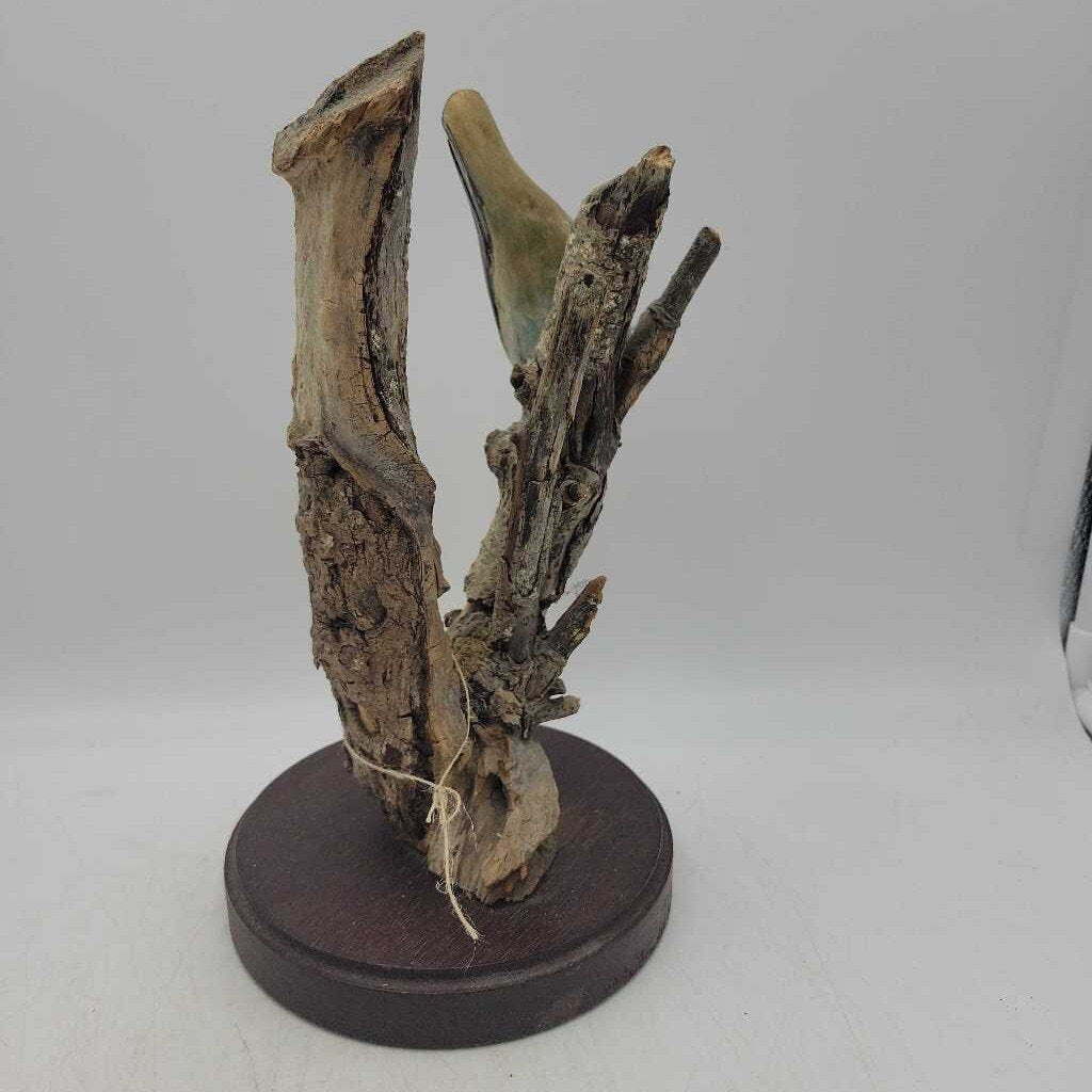 11"H Wood-Mounted Hand-Carved Nuthatch on Natural Branch (As-is)