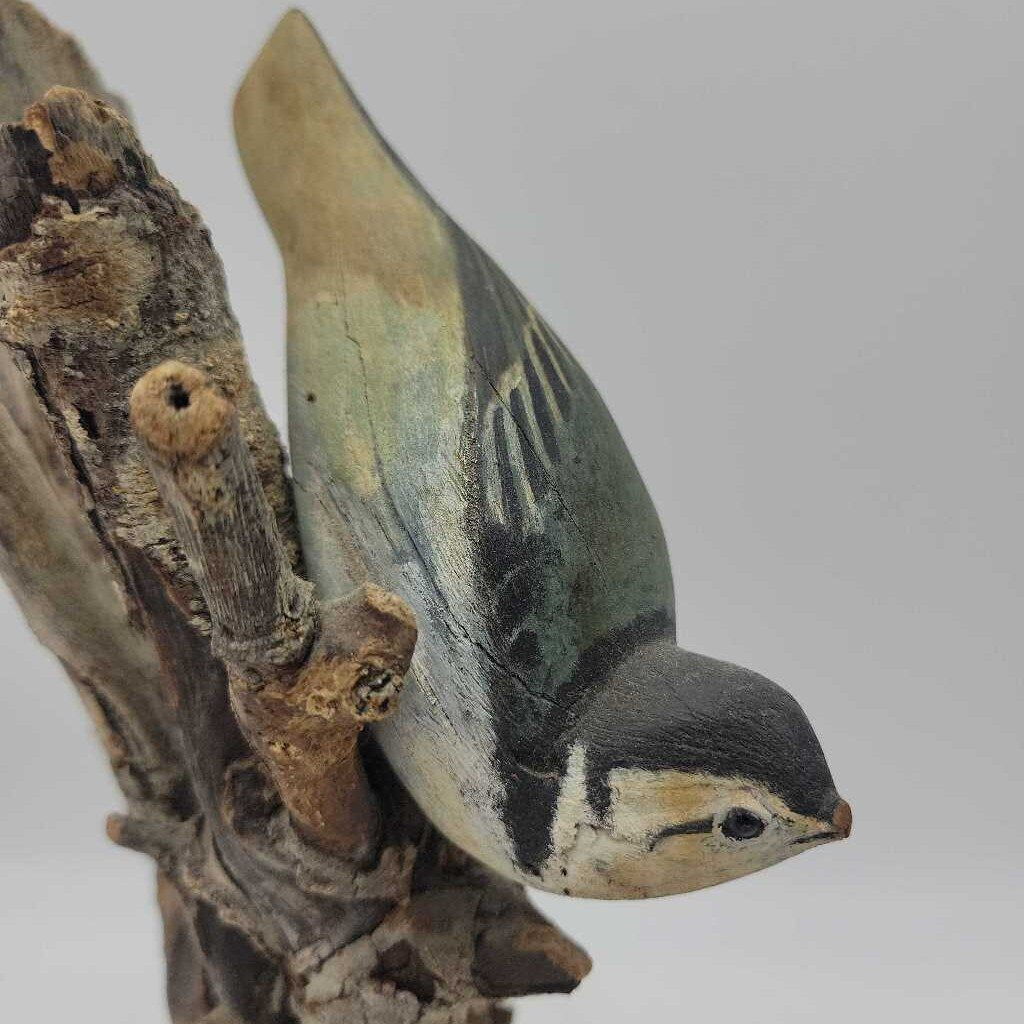 11"H Wood-Mounted Hand-Carved Nuthatch on Natural Branch (As-is)