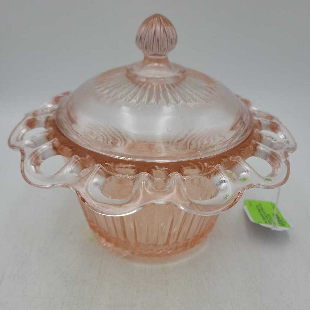 Pink Depression Glass 'Old Colony' Open Lace Bowl with Lid 6-1/2"H (DS)