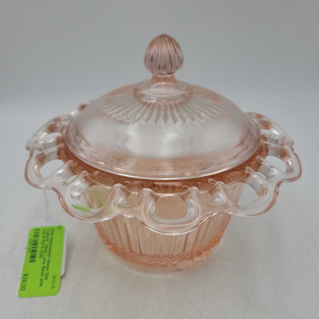 Pink Depression Glass 'Old Colony' Open Lace Bowl with Lid 6-1/2"H (DS)