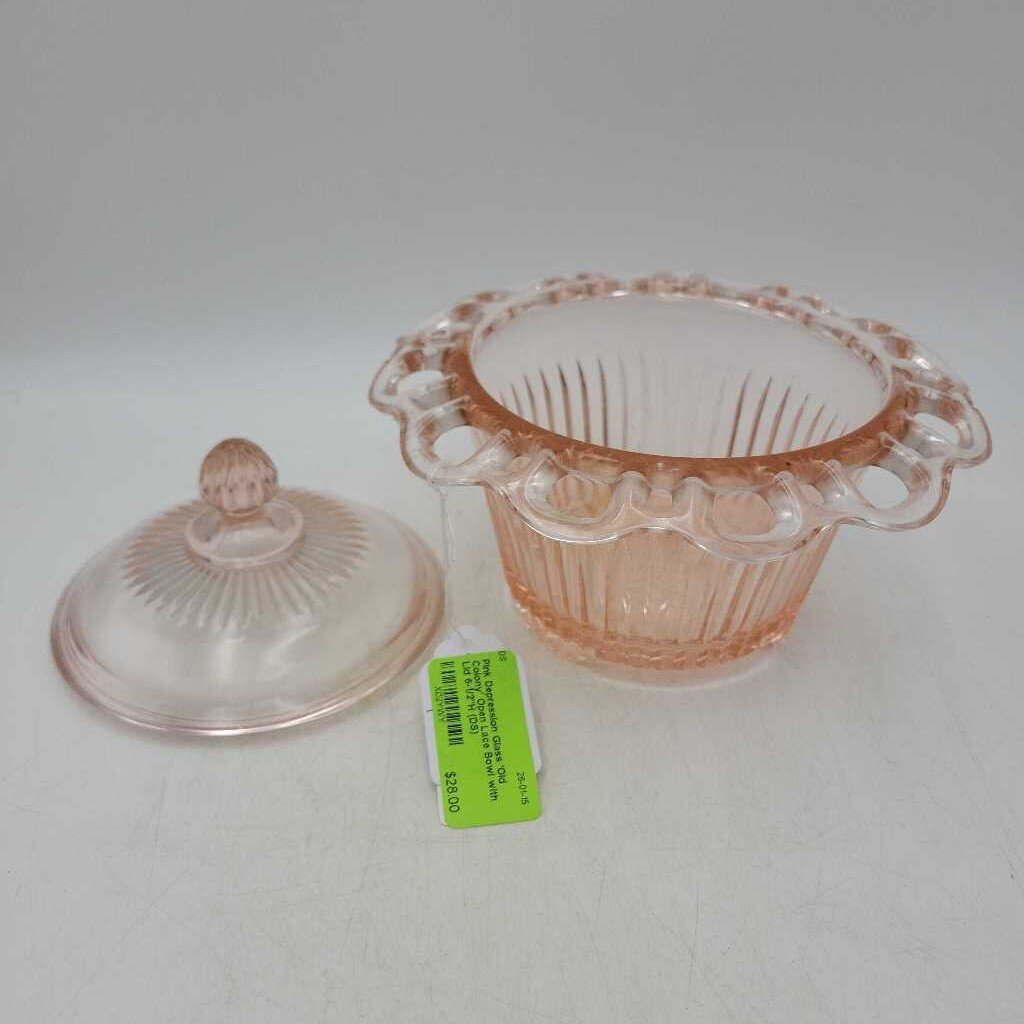 Pink Depression Glass 'Old Colony' Open Lace Bowl with Lid 6-1/2"H (DS)