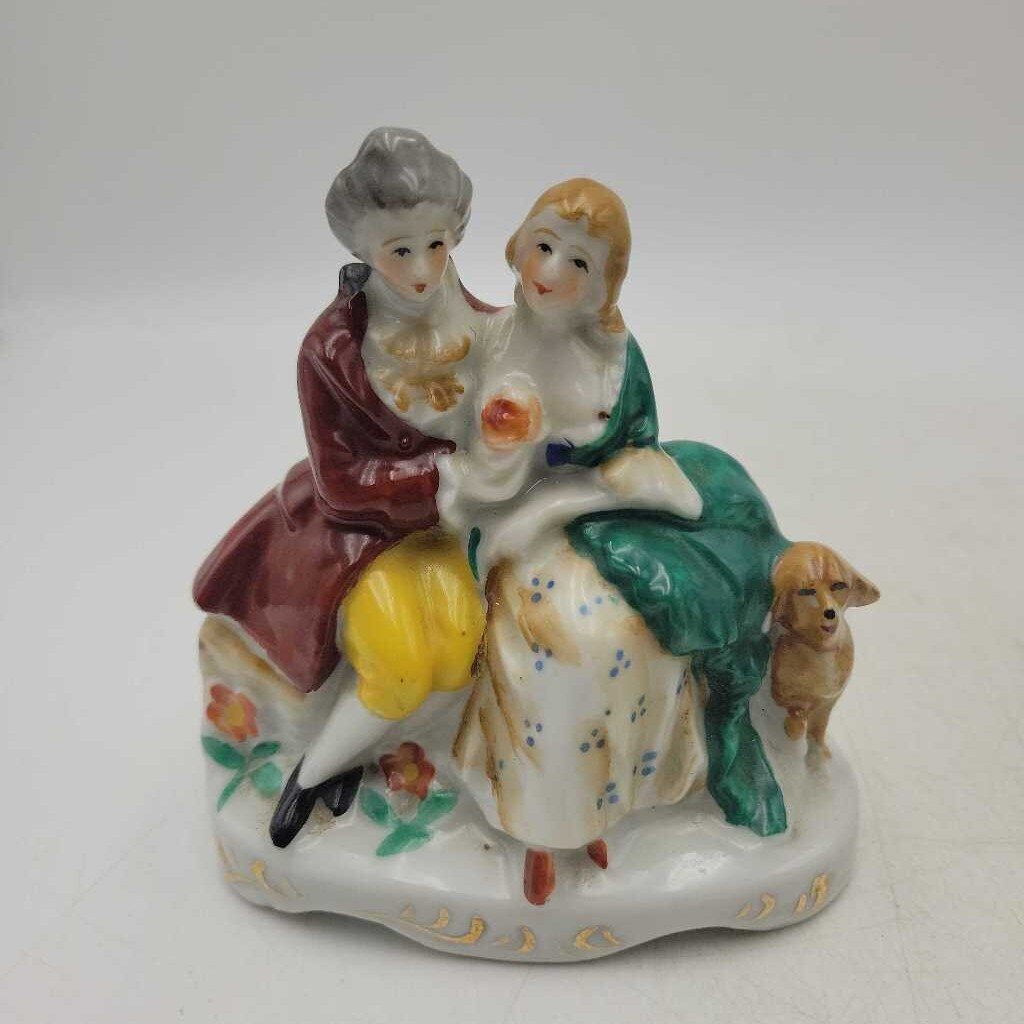 Occupied Japan woman and man sitting on chair with dog OJ figure (JAS)